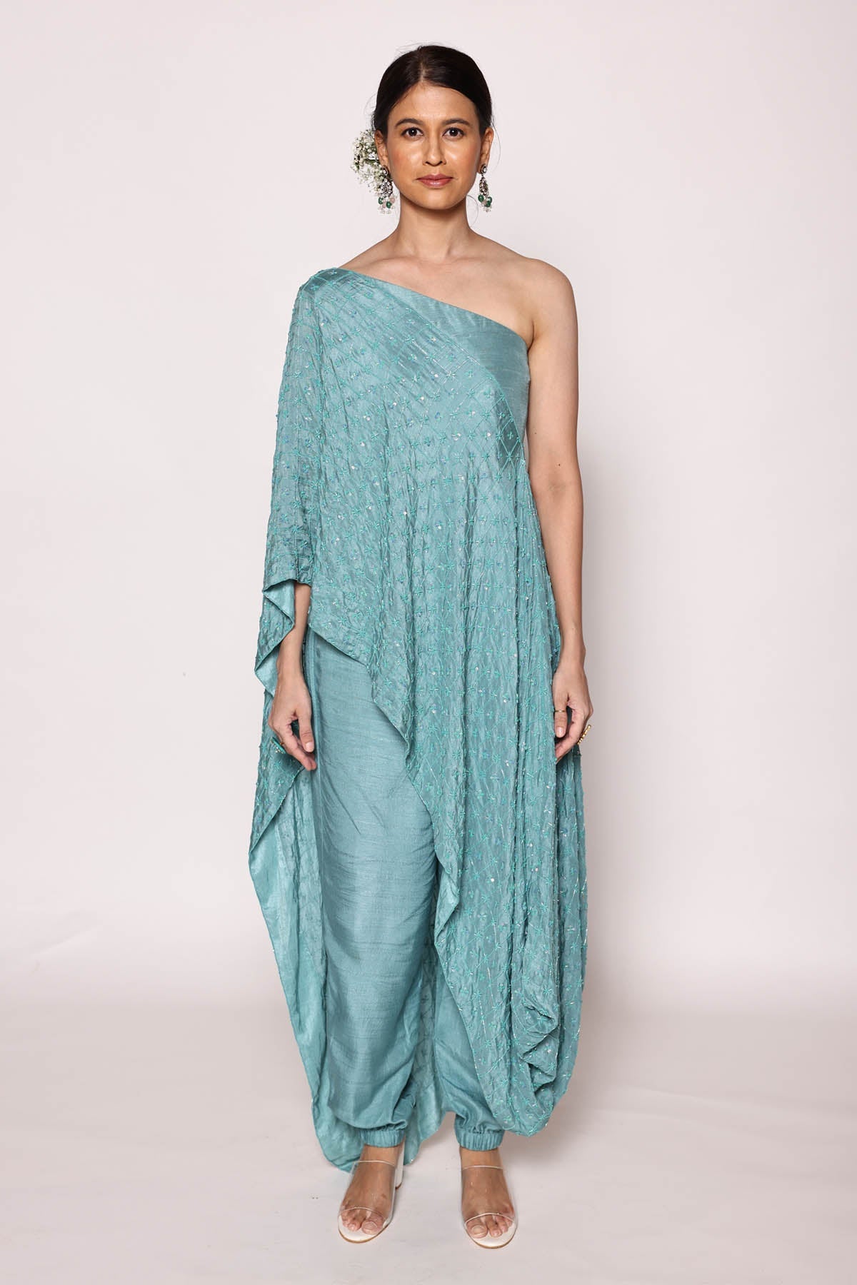 Turquoise One Shoulder Top & Pants at ScrollnShops